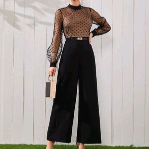 SHEIN Sheer Dobby Mesh Bodice Wide Leg Jumpsuit